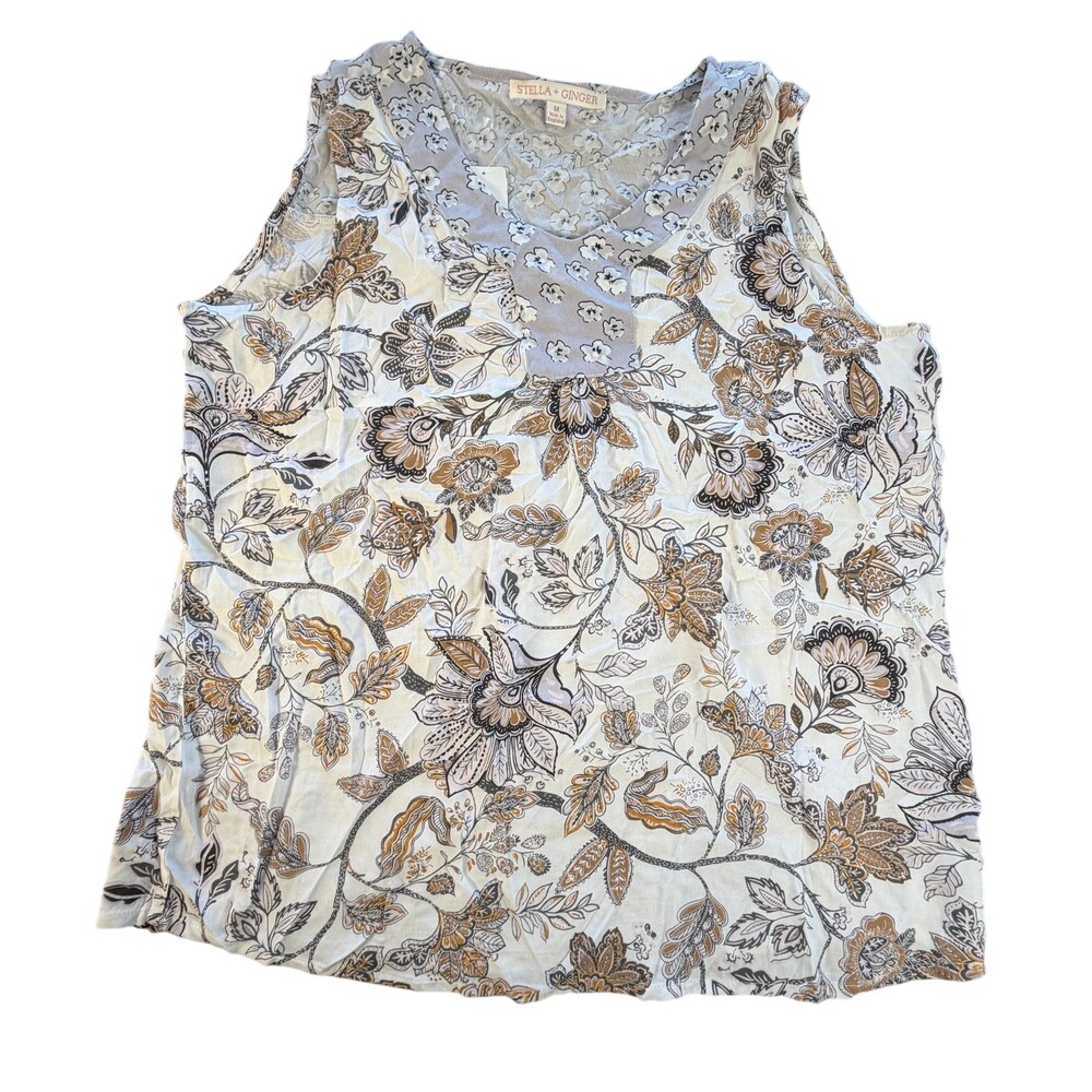 Stella + Ginger Tank Top Womens M Multicolor Sand Beige Floral Rayon Scoop Neck